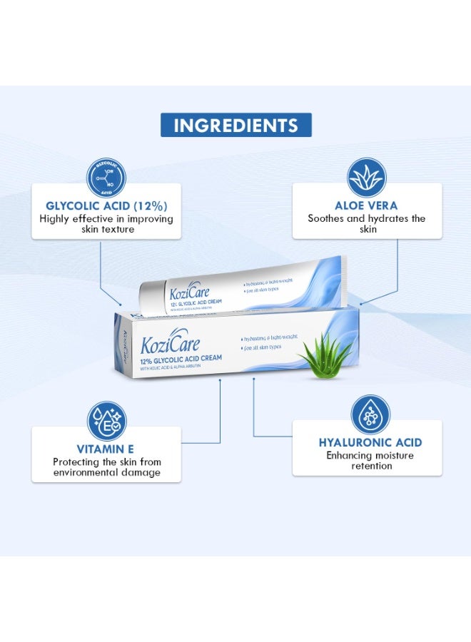 Kozicare Glycolic Acid Face Cream 12% | Anti Wrinkles & Anti Ageing | Daily Moisturizer And Skin Brightener | Brightening Skin Cream For Women & Men | For All Skin Type- 15gm - Image 2